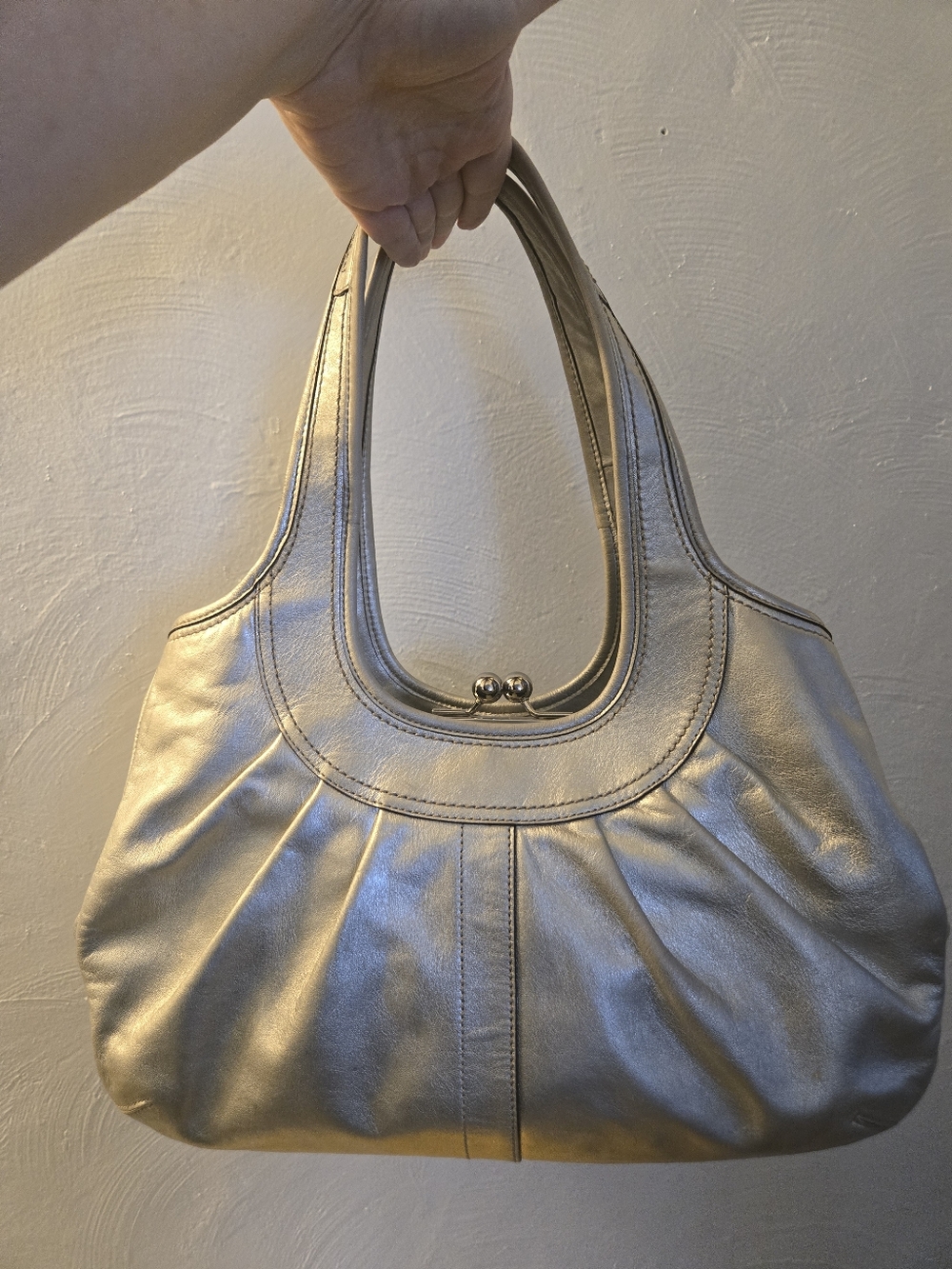 ​Coach Ergo Metallic Silver Pleated Leather Kisslock Satchel Bag 12231